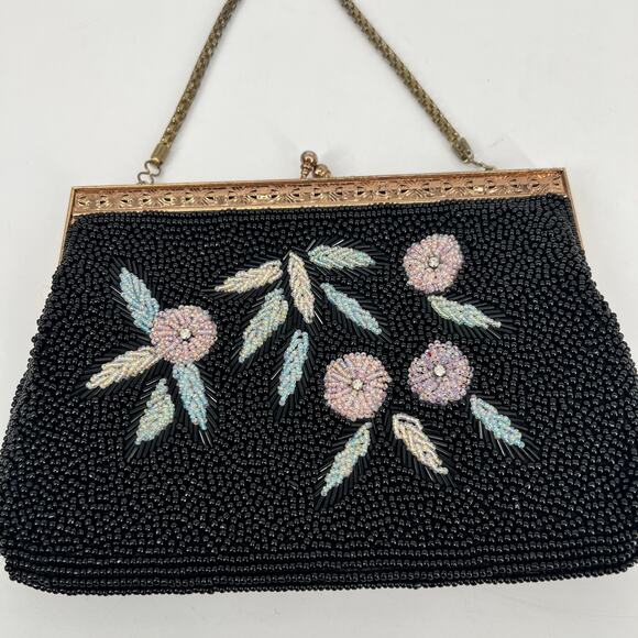 Vintage Beaded Handbag Purse Small Black Pink Floral Kiss Lock Chain Strap - Picture 8 of 11
